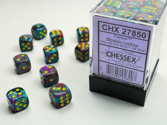 CHESSEX - FESTIVE 36D6 MOSAIC/YELLOW 12MM